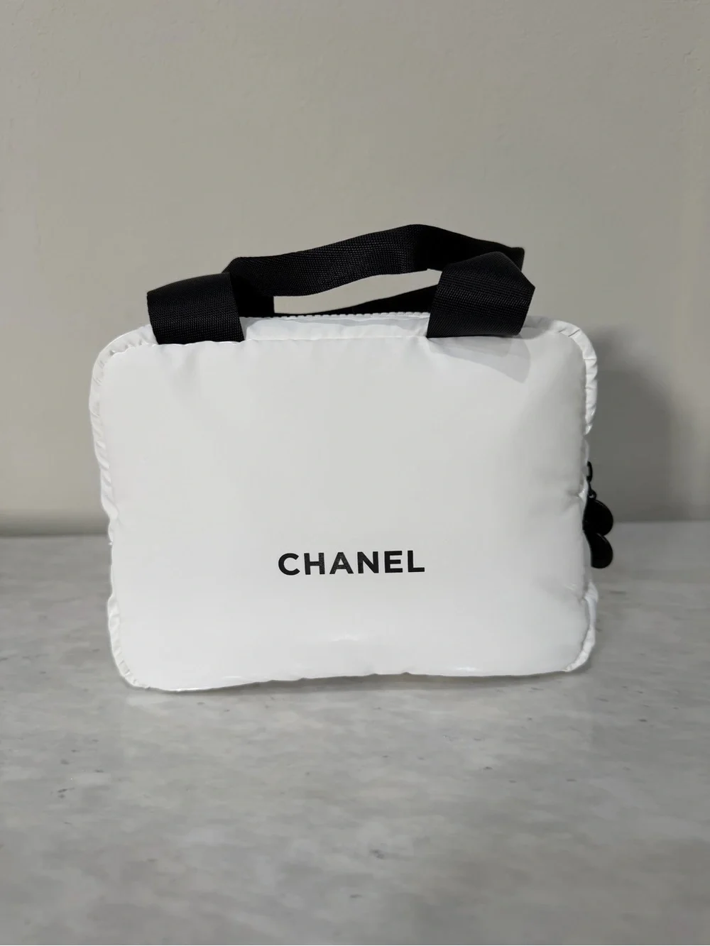 CHANEL White Cosmetic Pouch with Black Handles